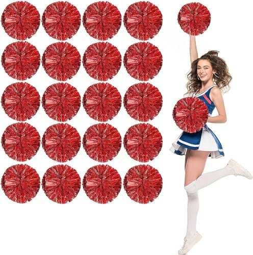 Pom Poms Cheerleading, Fluffy Cheerleader Pompoms mit Finger Ring Griff, Metallic Pom Poms Cheerleading für Feier (Rot, 20 Packung)