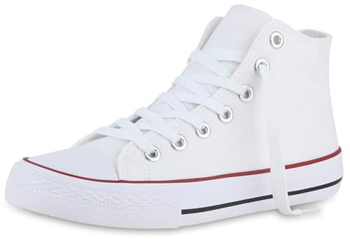 VAN HILL Herren Sneaker High Schnürer Bequeme Basic Freizeit Stoff Schuhe 611602 Weiss Rot 44