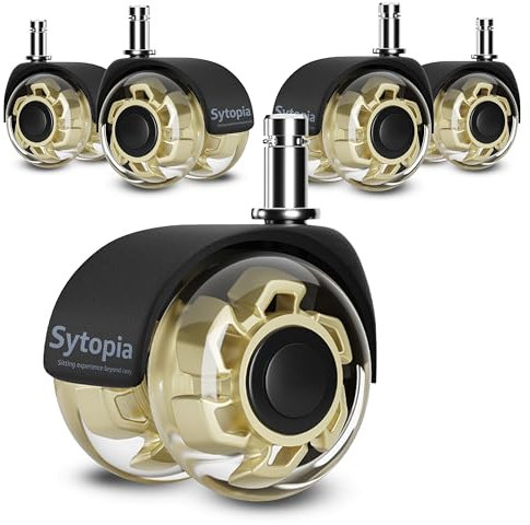 Sytopia Set di 5 ruote per sedia da ufficio, con perno da 11 x 22 mm, ruote in gomma lisce e silenziose per pavimenti duri, pavimenti in parquet (oro, non per 1KEA)