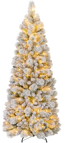 COSTWAY 180 cm Künstlicher Weihnachtsbaum mit Beleuchtung, Pop Up Tannenbaum mit 170 warmweiße LED-Lichtern & 517 Zweigspitzen, beflockter Christbaum, Festbaum Kunstbaum für Zuhause, Geschäft & Büro