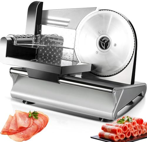 Trancheuse à viande électrique, trancheuse à charcuterie 200 W avec lame en acier inoxydable de 7,5, épaisseur réglable de 0 à 15 mm, trancheuse à fromage pour rouleau de mouton, jambon, fromage