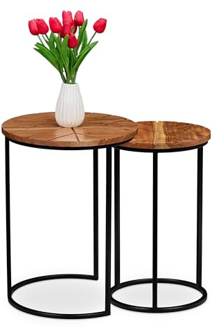 Relaxdays Satztisch 2er Set Akazienholz runder Beistelltisch, braun/schwarz