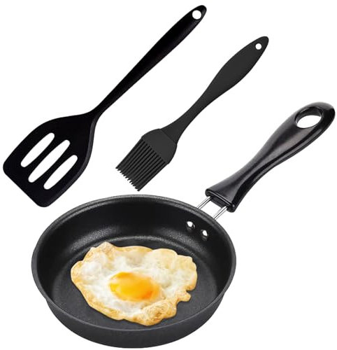 MUNSKT 12cm Mini Pan for One Egg,on-NonStick Frying Pan,Portable Camping Cooking Omelet,Mini Skillet Pans for Hob,Equipped with a Black Leak Shovel Oil Brush
