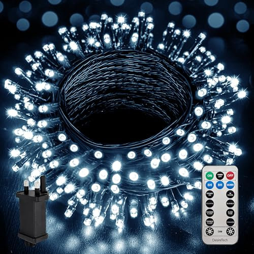 Desiretech - LED Plug-in Christmas Lights - Waterproof Holiday String Lights with Remote, 8 Modes, Timer for Christmas Trees, Garlands, Wreaths and Festive Decor, Dimmable (Cool White, 10m / 100 LED)