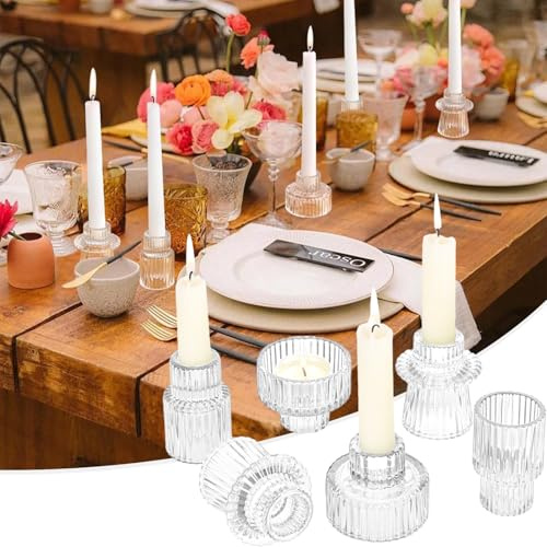 Candle Holders Set,6Pcs Reversible Glass Candle Stick Holders,Pillar Taper Decor Centerpiece for Table,Crystal Tea Light Candle Holders for Home Dinning Wedding Party Festival,Gift for Christmas