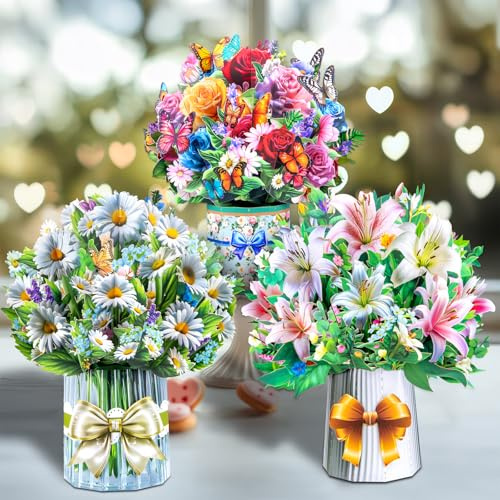 3D-Pop-Up-Blumenstrauß-Karten mit 3 Umschlägen und Blanko-Notizkarten, mit bunten Rosen und Schmetterlingen, weißen Gänseblümchen und Lavendel, rosa und weißen Lilien für Geburtstag, Muttertag,