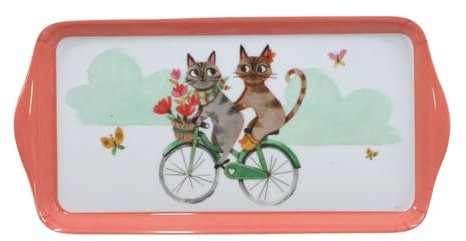 Plateau de Service Décoratif Chats sur Vélo, Mélaminé, 15 x 30,5 cm, Contour Rouge