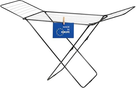 Flügel Wäscheständer schwarz ausklappbar 18 m Trockenlänge - 180 x 55 cm - Metall Flügelwäscheständer klappbar Made in EU - Stand Trockengestell Wäschetrockner Standtrockner für Innen und Außen