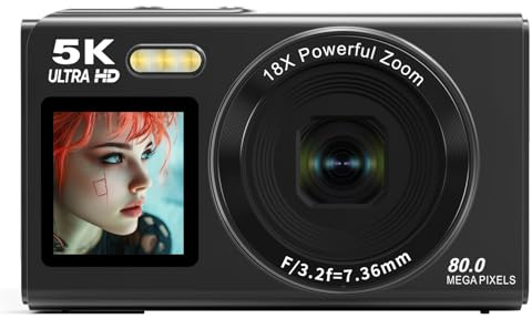 Caméra Numérique 5K, 80MP UHD avec des Appareils Photo Compacts à Double écran de 2,8 Pouces et 1,5 Pouce, Une Caméra de Vlogging Auto Focus 18x Zoom pour Débutants (64GB)