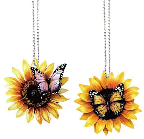 CREATCABIN 2 pièce Décoration Rétroviseur Forme Papillon Tournesol Pendentif pour Rétroviseur Décoration D'Intérieur Voiture Ornement d'arbre Noël pour Hommes Femmes Cadeau(Doré) 7.9x8cm/ 7.7x8cm