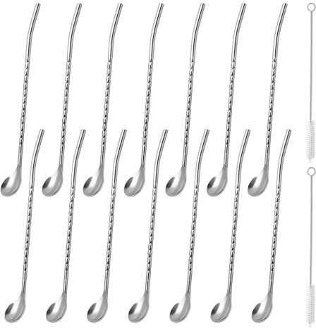 KQDRAVINE Lot de 14 Pailles, Paille Inox, Paille Reutilisable, Paille Granita, Paille Granité, Paille Metal, Paille en Inox, avec 2 Pailles Brosse de Nettoyage pour Shakes, Cocktails, Smoothies