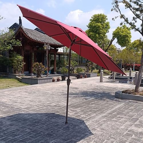 Grand parasol de terrasse de 270 cm, 8 baleines, parasol de plage réglable avec inclinaison et manivelle, parasol pliable pour table de jardin et de piscine, rouge