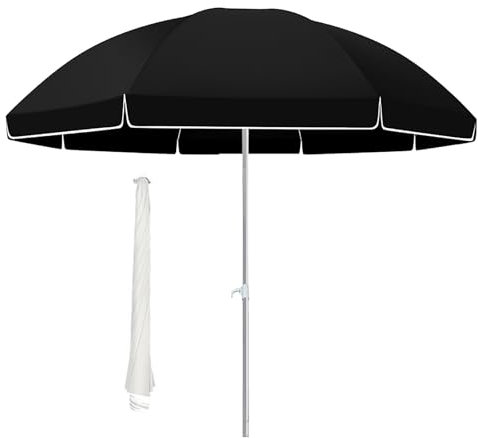 Grand parasol de plage rond et portable, 1,8 m, 2,1 m, pour jardin, extérieur, protection UV, pare-soleil à 8 baleines et hauteur réglable (noir, 220 cm).