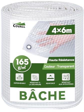 COVALL 4m x 6m Clear Tarpaulin Waterproof Heavy Duty, 165GSM Reinforced Transparent Tarp with Mesh Support Rubber Strengthened Corners - Tear-resistant Cover for Outdoor Garden Greenhouse Groundsheet