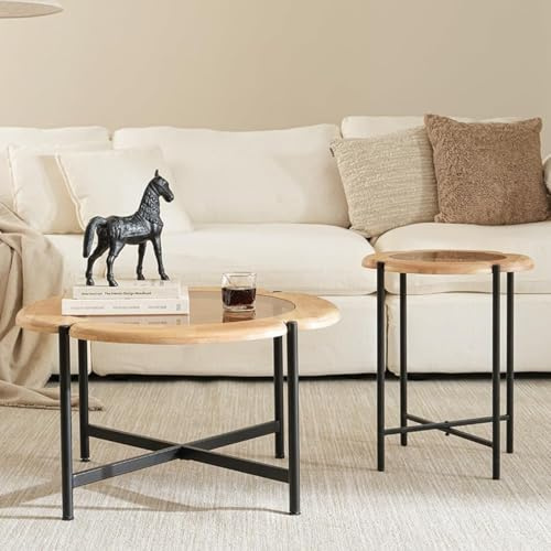 Cagnolier Table basse ronde, table de salon en verre trempé avec design trèfle, table d'appoint avec pieds métalliques réglables en hauteur, table de canapé pour le salon, ø80x45cm avec 45x55cm