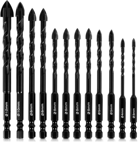 JUNFEIFLUX Juego de 12 brocas para azulejos, diámetro de 3-12 mm, broca universal para metal, ladrillo, cristal, plástico, madera
