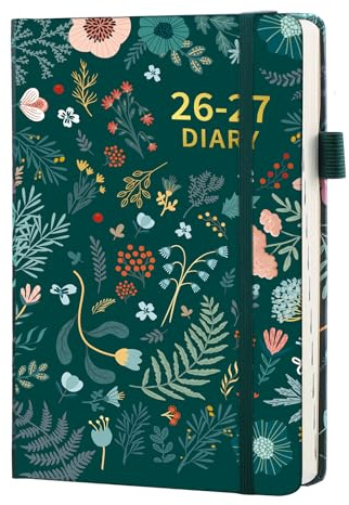 2026-2027 Academic Diary A5, Page A Day Planner, 13 Months, Green Flower | Jul. 2026-Jul. 2027, Hardcover, Thick Paper, with Pen Loop, Elastic Strap, Inner Pocket, Bookmark, 8.3 x 5.6in