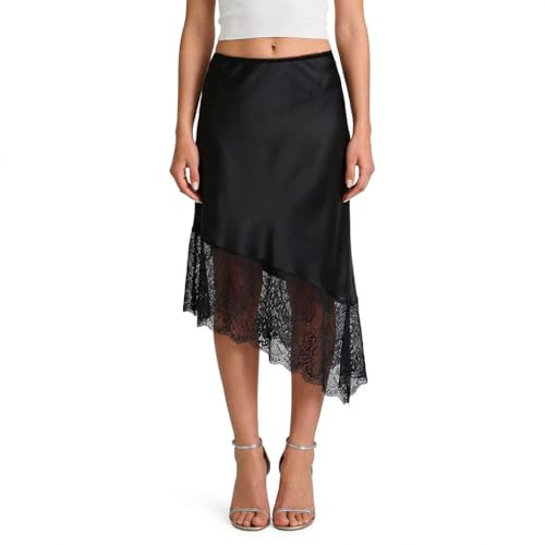 Crsiphee Women Summer Skirt Satin Slip Midi Skirts with Lace Trim A-Line Asymmetrical Skirts Flowy Silky Long Skirt for Going Out