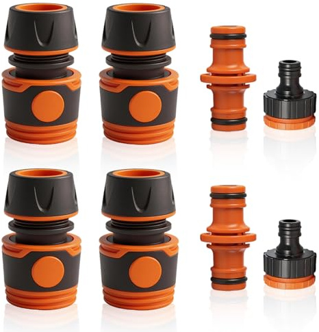 MOAZIFI Schlauchverbinder Set 8 Stück, Kompatibel mit Gardena Schlauchverbinder System, Schlauchanschluss 1/2 und 3/4 Zoll Adapter, Gardena Kupplung 3/4 Zoll Bauart für Garten, Orange