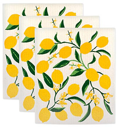 DII Swedish Dishcloths for Kitchen & Cleaning, Reusable, Machine Washable & Dishwasher Safe, Biodegradable, 7.75 x 6.75, Lemons, 3 Piece