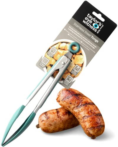 Taylors Eye Witness Large Steel Aqua Blue Silicone Tongs - Dishwasher Safe, Non-Scratch Heads, Locking Mechanism, Heat & Stain Resistant (260°C/500°F), 23cm (9 inches)