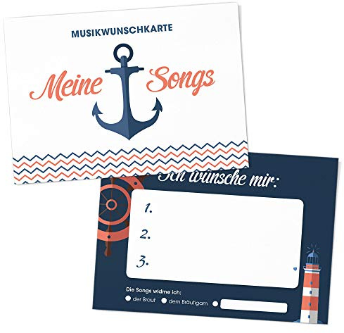 DeinWeddingshop 50 Musikwunschkarten A6 Musikwunsch, DJ-Karten für Hochzeit - Hochzeitsfeier, Gäste-Wünsche, Hochzeitsspiel, Premium-Papier - 10,5 x 14,8cm (Maritim Anker)