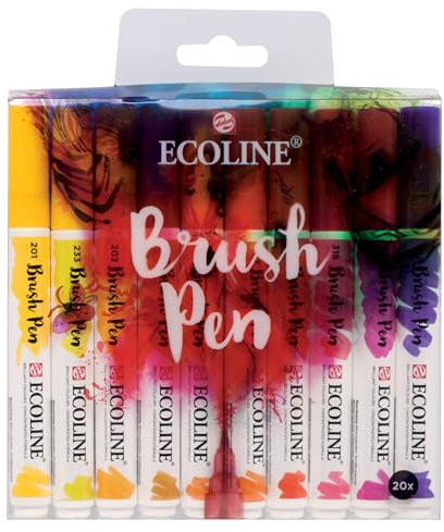 Ecoline Brush Pen-Set mit 20 flüssigen Aquarellstiften – Grundfarben | Mischbare Pinselstifte für Handlettering, Zeichnen und Basteln