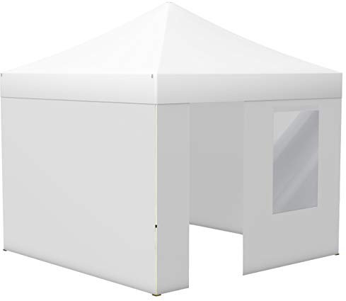 Vispronet® Faltpavillon Eco 3x3 m ✓ 4 Zeltwände (3 Vollwände, 1 Wand mit Tür & Fenster) ✓ Scherengittersystem ✓ inkl. Dach mit Volant (Weiß)