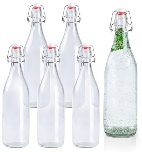 Ilyapa 32 Ounce Clear Swing Top Glass Beer Bottles for Home Brewing - Carbonated Drinks, Kombucha, Kefir, Soda, Juice, Fermentation, 6 Pack Glass Bottle with Airtight Rubber Seal Flip Caps