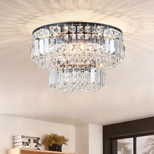 BESTIER Lampadario da incasso in cristallo nero moderno Illuminazione Plafoniera a LED Lampada per sala da pranzo Bagno Camera da letto Soggiorno 4 lampadine G9 richieste D33 x H24