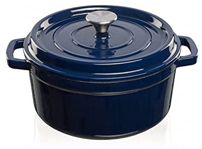 GRAND FEU Marmite en fonte hollandaise - Marmite en fonte émaillée avec couvercle et larges poignées pour cuisine et braisage - Capacité 4,7L, Bleu foncé