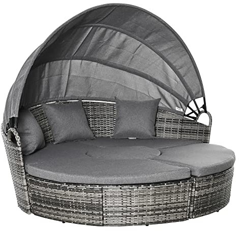 Outsunny Rattan Sonneninsel 4-teilige Loungegruppe mit Sonnendach Sitzgruppe mit Kissen und Beistelltisch höhenverstellbar Metall Grau 175 x 180 x 147 cm