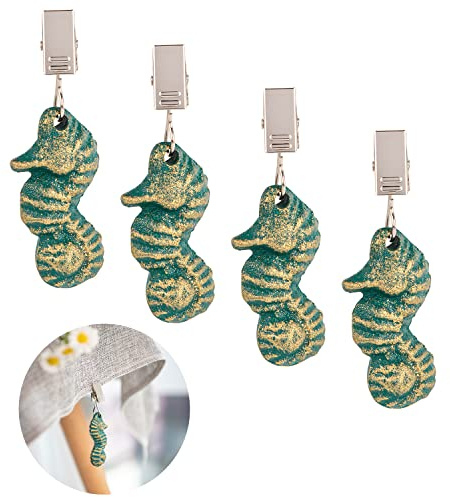 Sungmor Cast Iron Tablecloth Weights - 4 Pack Vintage Green Sea Horse Table Cloth Weights Clip On - Heavy Weights for Picnic Tablecloth, Outdoor Tables, Garden Flags, Curtains