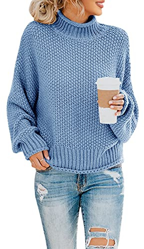 Saodimallsu Polotröja för damer, oversized sweatshirt med långa fladdermusärmar, lös passform och grovstickad, tröja med ledig design, blå, M