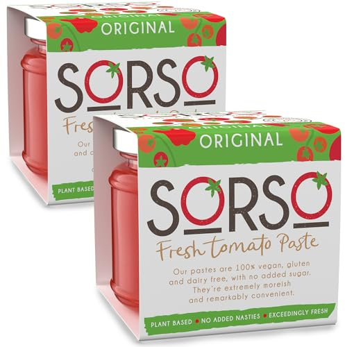 SORSO Tomato Paste 2x220g | Vegan, No Added Sugar, Gluten-Free | Natural Italian Recipe | Made in London | Use for Pizza, Pasta, Ketchup, Dip or Soup | 28kcal - 99% Vine Tomatoes