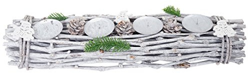 Mendler Adventskranz-AM länglich - ohne Kerzen | Weihnachtsdeko, Adventsgesteck, Holz, 60x16x9cm, weiß-grau
