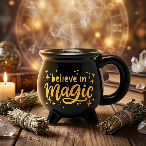 MIJOMA Kaffeetasse Teetasse Kesseltasse Kesselbecher Hexenkesselbecher Believe in Magic, Hexenkessel Porzellanbecher Fassungsvermögen 350ml, Porzellan schwarz lasiert