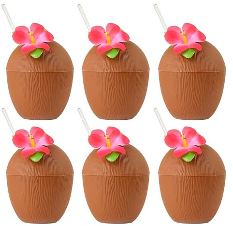 Coconut Cup with Straw - Pack of 6 - Brown Coconut Drink Cup with Attached Red Flower and Paper Straw - Perfect for Summer Tropical Beach Parties, Luau, and Poolside Fun