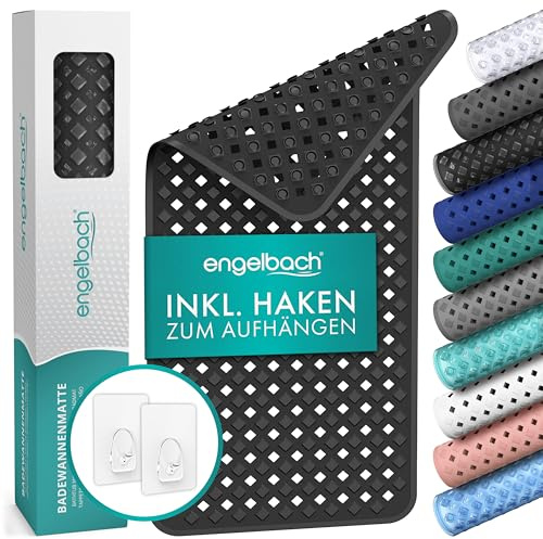 Engelbach® Badewannenmatte rutschfest Inkl. 2 Haken 88x40cm, Schwarz | Antirutschmatte Badewanne 100% BPA-Frei - Badewanneneinlage schimmelresistent & maschinenwaschbar