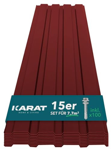 KARAT Metal Roofing Sheets 115 x 45 cm (Pack of 15) 7.7 m² Corrugated Roof Sheeting Plates Cladding for Garage, Shed, Carport and Greenhouse, Galvanised Coated, Red (incl. 30x Screws)