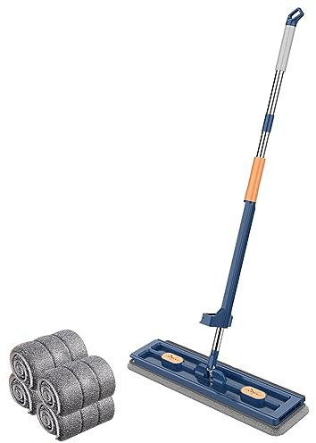 Grand Balai Plat De Nouveau Style Large Flat Mop Serpillère Avec Fonction Essorage Tampons En Fibre Super Absorbants Et Utilisation Humide Et Sèche 360° Rotation Balai Avec Tampons (Bleu,4 Chiffons)