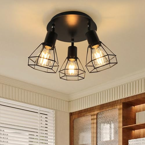 HiBay LED Deckenstrahler 3 Flammig Schwarz E27 Deckenlampe Vintage Schwenkbar Küchenlampe für Wohnzimmer Schlafzimmer, max. 60Watt Ohne Leuchtmittel | LED Deckenlampe 350° Drehbar Industrielampen Max. 60 Watt Küchenlampe für Wohnzimmer Schlafzimmer 230V Ohne Leuchtmittel