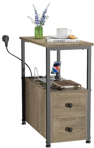 PIPIPOXER Beistelltisch mit Ladestation, Sofatisch mit 2 Schubladen und USB-Anschluss und Steckdose, Nachttisch für Kleine Räume, Stabil und Robust, für Wohnzimmer, Schlafzimmer, Grau, 60x30x61cm