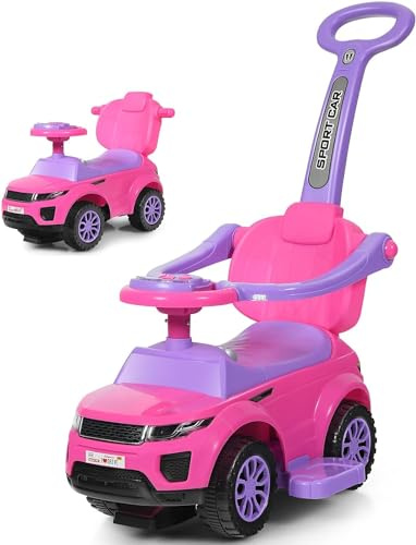COSTWAY 3 in 1 Rutschauto Schiebeauto, Rutschfahrzeug mit abnehmbarem Schiebgriff, Schutzbügel & verstecktem Stauraum, Spielzeugauto mit Hupe Musik Licht, Rutsch Auto für Kinder ab 1 Jahr (Rosa)