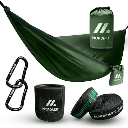 NORDMUT® Hängematte Outdoor 2 Personen 170x300cm [mit Befestigungs-Set] Camping Hängematte inkl. Baumschutz-Set - Hammock wetterfest für Outdoor, Camping und Garten - max. Belastbarkeit 300 kg