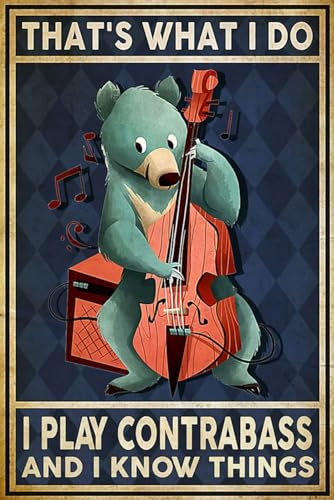 Metall-Blechschild im Vintage-Stil, Motiv: Bär spielt Kontrabass Thats What I Do I Play Contrabass And I Know Things, Neuheit, Zuhause, Schlafzimmer, Wohnzimmer, Wanddekoration, 20,3 x 30,5 cm