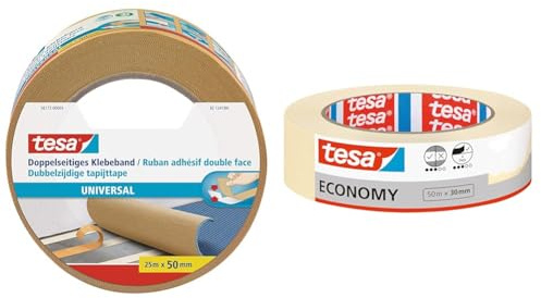 tesa Doppelseitiges Klebeband Universal & Malerband ECONOMY - Vielseitiges Klebeband für Malerarbeiten ohne Lösungsmittel - Bis zu 4 Tage nach Gebrauch rückstandslos entfernbar, 50 m x 30 mm