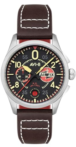 AVI-8 Spitfire Lock AV-4089 - Orologio da pilota al quarzo giapponese, da uomo, 42 mm, con cinturino in pelle, Nero corvo, Blocco cronografo Airfix Edition