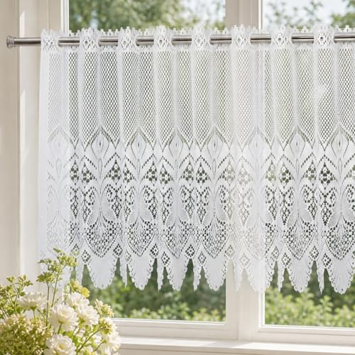 Molaxhome Spitze Scheibengardinen Kurzstores Jacquard Fenstschal 630B | Halbtransparent Küchengardinen, Bistrogardine Fenstervorhang,Küche Vorhänge, Fensterschal mit gebogter Kante