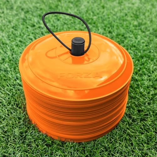 FORZA Nära platta träningsmarkörer [10-pack] | 50-pack med 23 cm breda, ultrahållbara koner – perfekt för fotboll, rugby, hockey och mer (orange)
